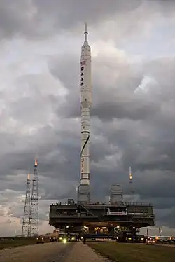 Crawler carrying the Ares I-X atop an MLP