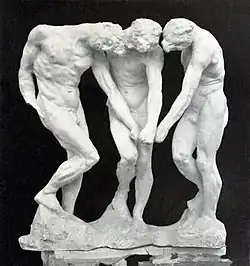 Auguste Rodin, The Three Shades, before 1886, plaster, 97 x 91.3 x 54.3&nbsp;cm. In Dante's Divine Comedy, the shades, i.e. the souls of the damned, stand at the entrance to The Gates of Hell, pointing to an unequivocal inscription, “Abandon hope, all ye who enter here”. Rodin assembled three identical figures that seem to be turning around the same point.[20]