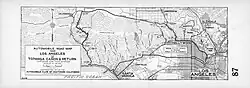 Map shows Los Angeles, Santa Monica and Hollywood depicted with grids. The mountains and Topanga Canyon are done with hatch marks.