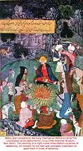 The first Mughal Emperor Babur and his servicemen warming themselves before a campfire.