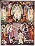 Christ and the tetramorphs in the Bamberg Apocalypse, c. 1000, Ottonian.