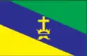Flag is separated into three diagonal stripes (from top to bottom: green, blue, and yellow) with a yellow symbol in the center