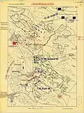The situation at 3:00&nbsp;p.m. Red - the Austrian troops, Blue - the Hungarian troops.