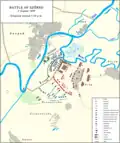 Battle of Szőreg. The situation around 7:30&nbsp;p.m. Red - the Austrian troops, Blue - the Hungarian troops. Green - the Russian troops.