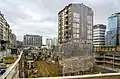 Construction of Royal-Hamilius in 2016, surrounding the untouched building at 49, Boulevard Royal
