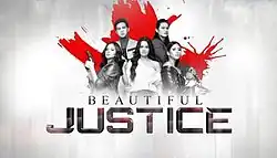 A black and white image of Bea Binene, Derrick Monasterio, Yasmien Kurdi and Gabbi Garcia, over a red object and a silver background. The series title is displayed on the lower side of the image.