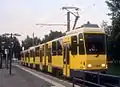 ČKD Tatra tram on service M&nbsp;6 at its terminus in Berlin-Hellersdorf