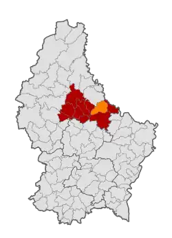 Map of Luxembourg with Bettendorf highlighted in orange, and the canton in dark red
