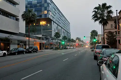 The company's former headquarters on Beverly Drive in Beverly Hills with the MGM sign above the entrance. The MGM headquarters was currently moved to the Culver Studios.
