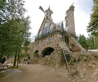 The front half of Bishop Castle from the north. The main tower is over 160 ft (49 m) tall.