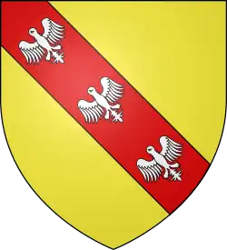 Gold background, with three white eagles on red diagonal