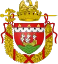 a comble on a chief—Gules, a ship or, sails set ermine, on a sea in base vert, a chief also ermine charged with a comble gules charged with three bees or—Nantes, Loire-Atlantique, France