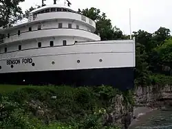 The former MV Benson Ford, a lake freighter, has been adapted as a tourist attraction on the island.