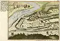 Trarbach&nbsp;– town and palace. Copper engraving by G. Bodenehr 1704.