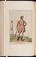 A man in striped pants and shirt and Phrygian cap.