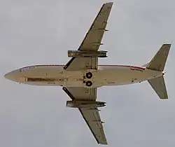 Original 737 with JT8D engines that span the entire wing chord