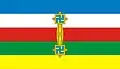 Bon Flag with five stripes and a Yungdrung symbol in the center.