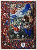 Annunciation to the Shepherds featuring a figure modeled on The Bagpiper by Dürer (1514) and the coat of arms of the manuscript's owner (the Sforza Serpent)
