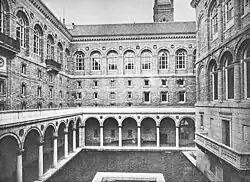 Northward view from the courtyard, with the campanile of Old South Church in the background