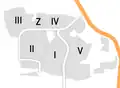 Map of the Weststadt with its five neighbourhoods.