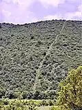 Carril o brecha desmontada sobre el cerro hecha con tequio por las comunidades de San Juan Achiutla y San Miguel Achiutla para señalar los límites de ambos municipios. Oaxaca, México, 2020.
