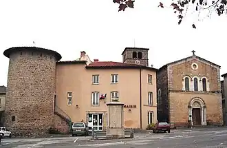 Left to right: The tower, the town hall and the church