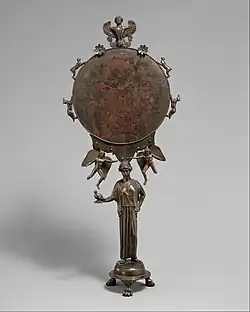 Mirror with a support in the form of a draped woman; mid-5th century BC; bronze; height: 40.41 cm; Metropolitan Museum of Art