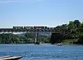 Heritage train on the Hemishofen railway bridge over the River Rhine