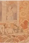 Two seated women listening to a female singer in a café.