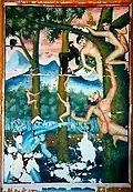 A mural from a temple in northern Thailand depicting naked beings climbing thorn-covered trees, pecked by birds from above, and attacked from below by hell guards armed with spears. There are icy mountains in the background, and Phra Malaya watches from above.
