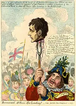 John Bull holds the head of Napoleon Bonaparte in an 1803 caricature by James Gillray.