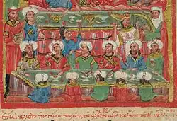 Byzantine banquet showing musicians and various musical instruments (1204–1453)