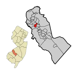 Location of Barrington in Camden County highlighted in red (right). Inset map: Location of Camden County in New Jersey highlighted in orange (left).