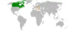 Map indicating locations of Canada and Kosovo