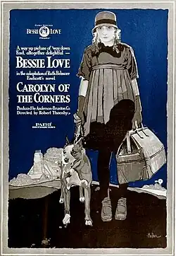 Magazine advertisement showing a girl wearing a cloche hat, carrying a large bag, and standing with her dog