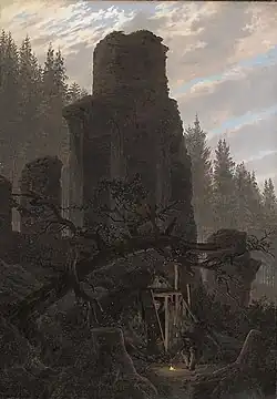 Caspar David Friedrich, Church ruin in the forest (c. 1831), oil on canvas, 70.5 x 49.7&nbsp;cm., Neue Pinakothek, Munich