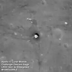 Higher resolution image of the Apollo 17 landing site showing the Challenger lunar module descent stage as photographed by the LRO