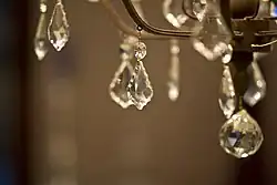 Leaf-shaped pendeloque prisms on a chandelier.