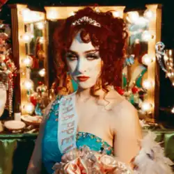 A picture of Roan dressed as a beauty pageant contestant, in front of a dressing table.