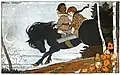 Two children ride a horse towards a foggy castle in the background