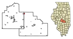 Location of Moweaqua in Shelby and Christian Counties, Illinois.