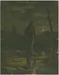 Confederate soldier leaning on the barrel of a gun, gazing over a moonlit lake, 1863