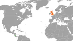 Map indicating locations of Costa Rica and United Kingdom