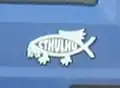 Cthulhu depicted in a parody of the ichthys bumper ornament
