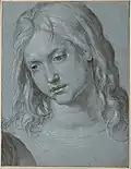 Head of the Infant Jesus, brush in grey and black, grey wash and highlights in tempera, 27.3 x 21&nbsp;cm, Albertina (3106)