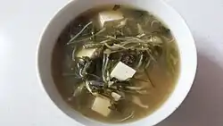 Dallae-doenjang-guk (soybean paste soup with wild chives and tofu)