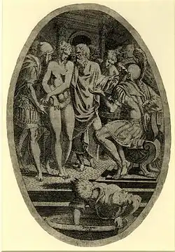 Soldiers bringing Timoclea, naked, before Alexander the Great, enthroned in the foreground; c.1541/45. After Primaticcio, height 341&nbsp;mm (trimmed), width: 231&nbsp;mm. Signed "Bologna L.D."