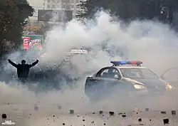 A Georgian demonstrator with raised arms surrounded by tear gas, next to a police car