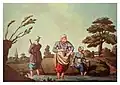 Three women collecting leeches in a pond