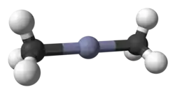 Dimethylzinc has a linear coordination. It is a volatile pyrophoric liquid that is used in the preparation of semiconducting films.